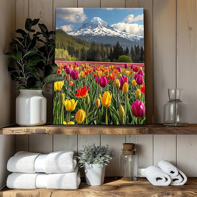 Mt Hood Mountain Wall Art Yellow Flowers Wall Decor Snow Mountains Landscape Canvas Prints Tulips Flower Field Scenery Pictures Nature Forest Artwork for Bedroom Living Room Home Decoration 12x16"