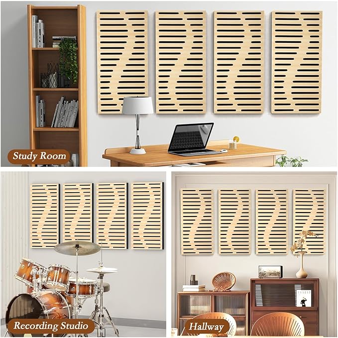 4Pack Acoustic Wall Panel Self-Adhesive Soundproof Foam Panels for Wall, 3D Perforated Tri-Layer Polyester Fiber Decorative Acoustic Insulation for Recording Studio, Office, 24×12×1.78", Regular-Line