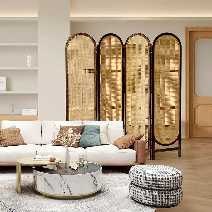 ALeesinwing 4 Panels Room Dividers, Hand-Woven Rattan Room Divider Panel and Folding Privacy Screens, Wood Room Divider Wall Freestanding Room Partitions Screen for Home Office Bedroom, Dark Brown
