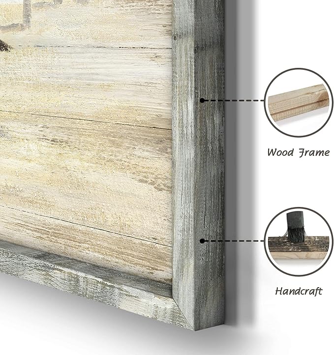 Beach Framed Painting Wall Decor: Abstract Ocean Wall Art Coastal Oil Painting Style Seagulls Picture Printed on Wood Seascape Artwork for Office 24"x12"