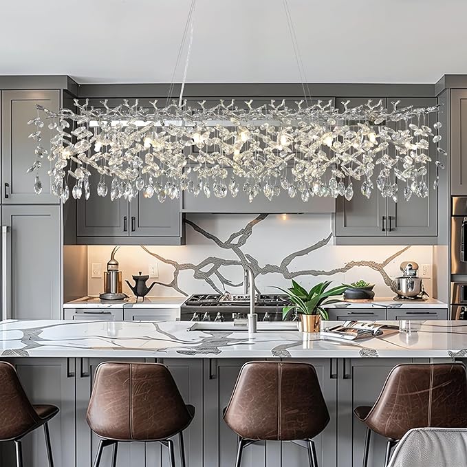 60" Modern Crystal Chandelier, 16-Light Silver Tree Branch Chandelier for Dining Room, Luxury Rectangular Raindrop Chandeliers for Kitchen Island, Living Room, Foyer, Contemporary K9 Light Fixture
