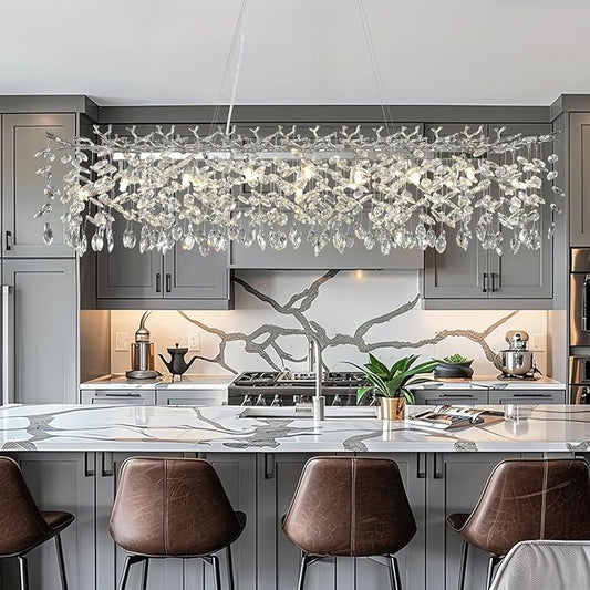 60" Modern Crystal Chandelier, 16-Light Silver Tree Branch Chandelier for Dining Room, Luxury Rectangular Raindrop Chandeliers for Kitchen Island, Living Room, Foyer, Contemporary K9 Light Fixture