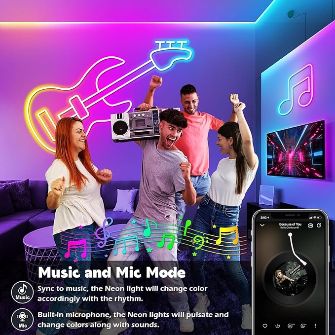 100Ft Neon Rope Lights,Flexible Led Rope Lights Control with App/Remote,Multiple Modes Rope Lights,IP65 Outdoor RGB Led Neon Lights Waterproof,Music Sync Gaming Led Neon Light Strip for Bedroom Decor