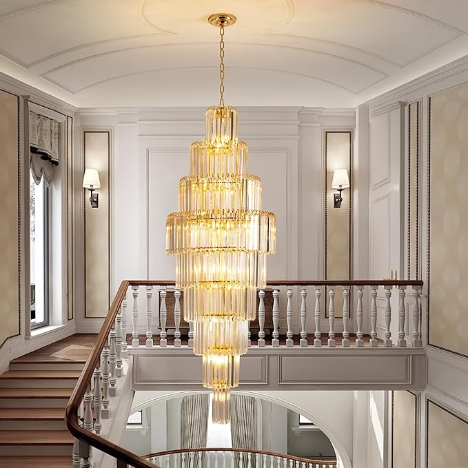 Luxury Modern Staircase Crystal Chandeliers Long 9-Tier Large Foyer Entrance Chandeliers for High Ceiling Light Fixture for Stairse Entryway Dia 23.7" - 20 Lights Gold