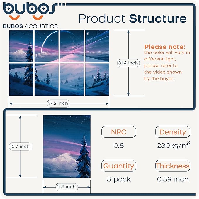 BUBOS 8 Pack Art Acoustic Panels Soundproof Wall Panel,47.2X31.4 Inches Sound Absorbing Panel,Self-Adhesive Decorative Acoustical Wall Panels, Acoustic Treatment for Ceiling Home Office（Snow 03）