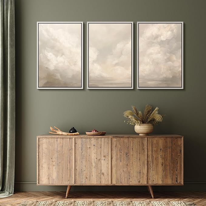 MUDECOR Framed Wall Art Print Set Neutral Cloudscape Soft Beige Abstract Sky Illustrations Modern Art Boho Decorative Colorful Chic for Living Room, Bedroom, Office - 24"x36"x3 White