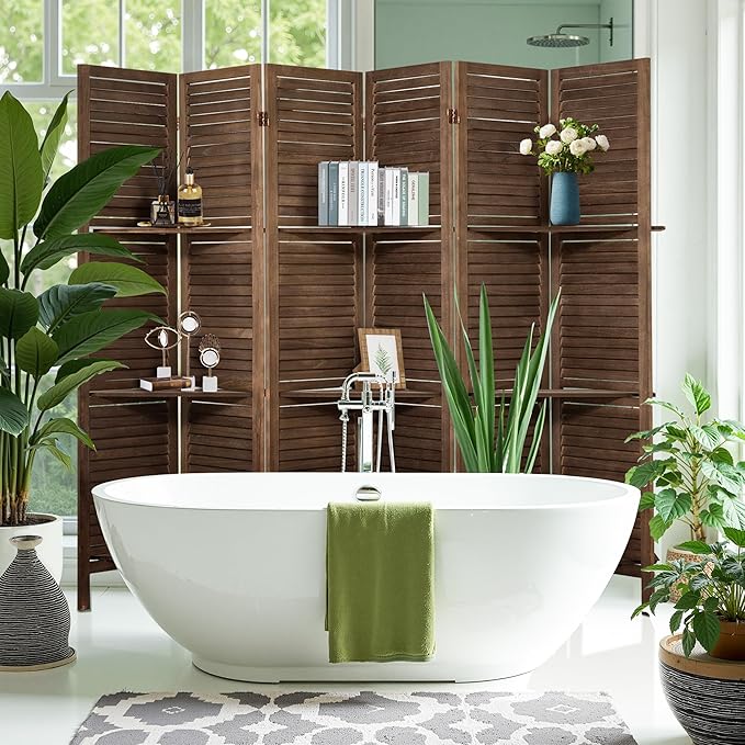 2 PCS Room Dividers 5.6FT Louvered Design 6 Panel Room Dividers with Display Shelves Folding Privacy Screens Portable Freestanding Partition Wall Dividers for Bedroom, Dark Brown