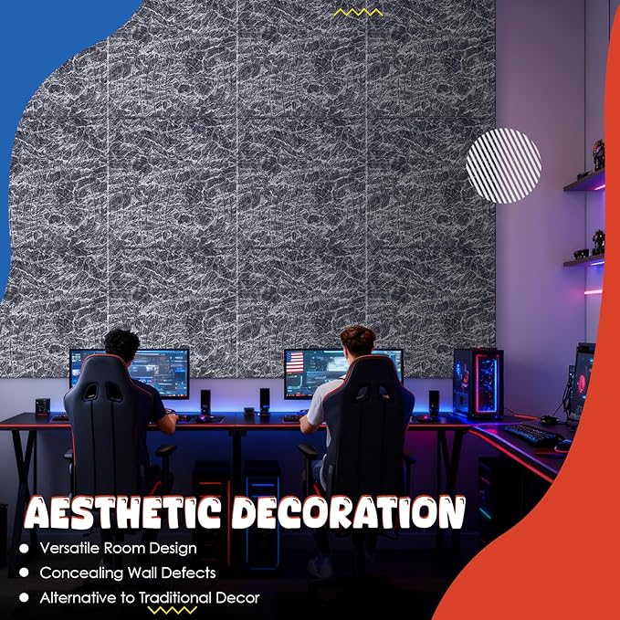 Acoustic Wall Panels 6 Pack, 24"x24"Decorative Art Soundproof Panels, Sound Absorbing Self-Adhesive Panel, Acoustic Treatment for Studio, Home Theater, Office (Storm AuraGrain)