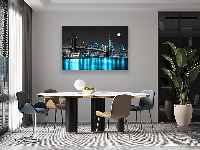 Aibonnly Wall Art Canvas Painting Black White and Blue New York Brooklyn Bridge 1 Piece Cityscape Night Building Picture Poster Print Framed for Living Room Bedroom Kitchen Office Home Decor