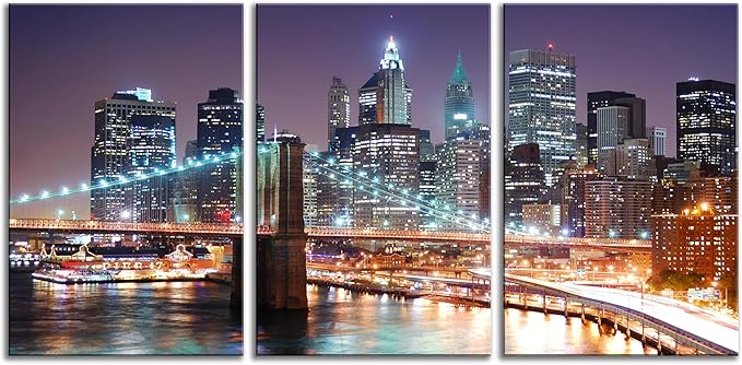 3Pcs 20X30inches New York City Skyline Canvas Wall Art Brooklyn Bridge Night View Framed Wall Decor Blue Purple Manhattan Urban Cityscape Picture Canvas Artwork Modern Home Decor Living Room Office