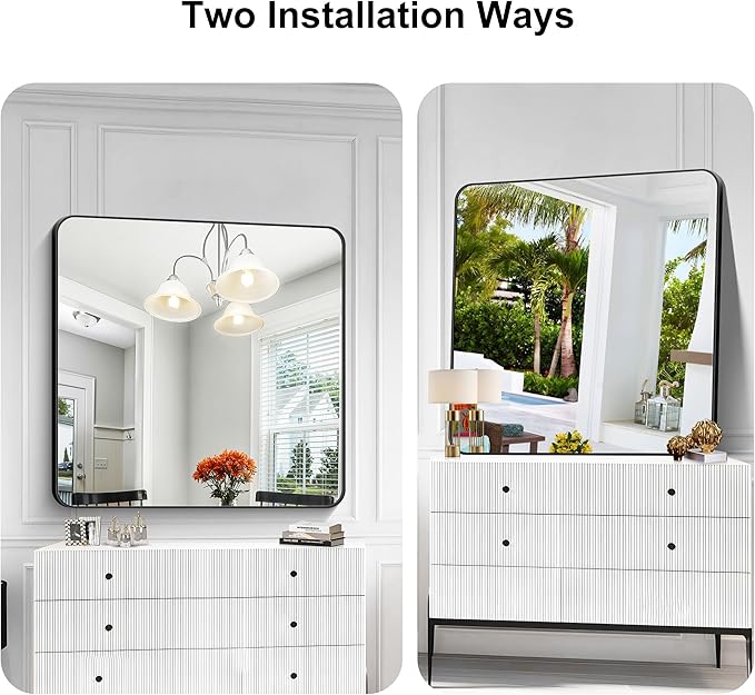 KOCUUY 42"x42" Large Square Vanity Mirror, Black Metal Frame Mirror with Rounded Corner, Modern Design of Upgraded Shatterproof Glass for Bathroom, Bedroom, Living Room, Entryway