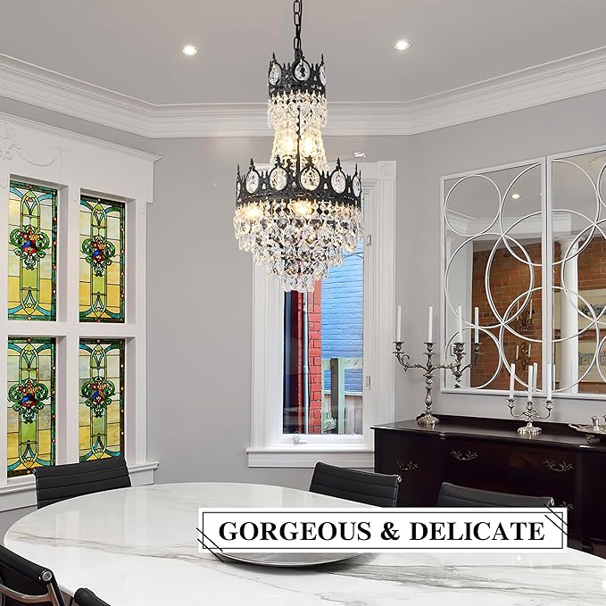 KoKo&Yukina Chandelier, 12'' Black French Empire Light Fixture, 6-Light K9 Crystal, Adjustable Hanging, for Hallway Entryway Kitchen Foyer