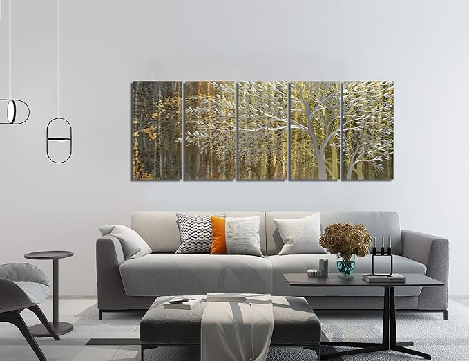 BATRENDY ARTS Large Metallic Tree Wall Art Handcrafted Silver Hanging Designs Multi-panel Indoor and Outdoor Decorative Painting 32Wx64L