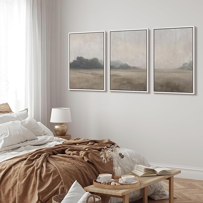 MUDECOR Framed Wall Art Print Set Serene MeadowTranquil Landscape with Foggy Fields and Distant Trees Illustrations Realism Decorative for Living Room, Bedroom, Office - 24"x36"x3 White