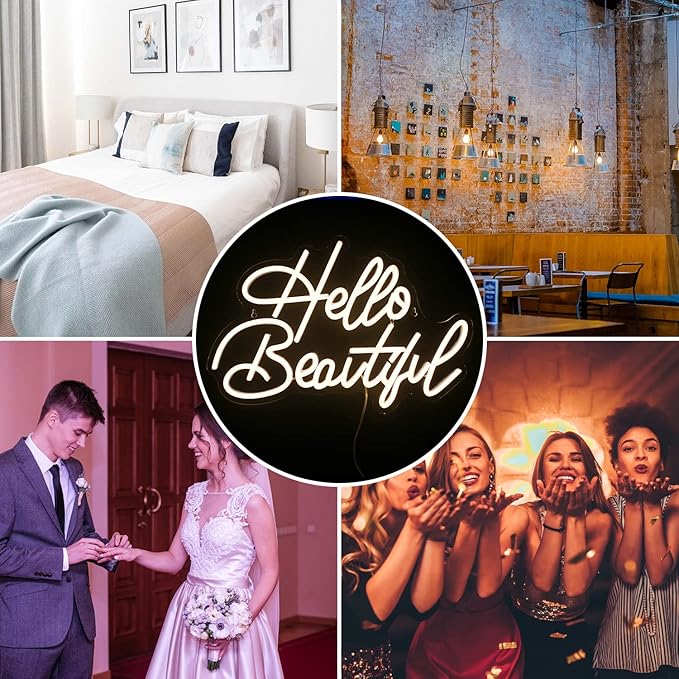 LooKLight Hello Beautiul Neon Sign,Warm White Neon Light Sign,Letters Wedding Neon Signs for Wall Decor,USB Powered Led Light Up Signs For Wedding Party Bedroom Birthday Beauty Salon