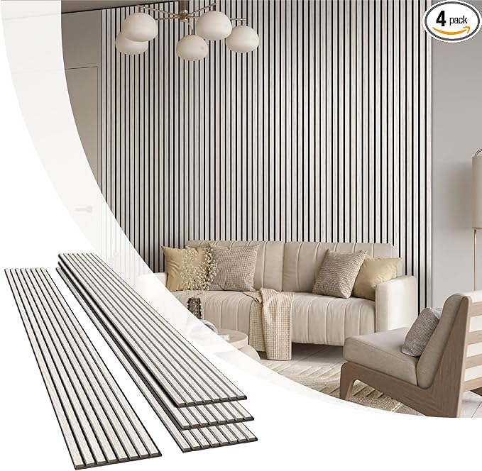 Olanglab Wood Slat Wall Panels 4 Pack, Wooden Acoustic Wall Panels, 94.5"x12.6" Each 3D Wall Panels for Interior Wall Decor (White-Extendo Trio)