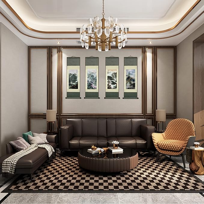 AtfArt 4 Pack Asian Wall Decor Silk Scroll Wall Art - Waterfall River Landscape - Beautiful Oriental Decor - Chinese Art Wall Scroll Hanging (4 Pack)