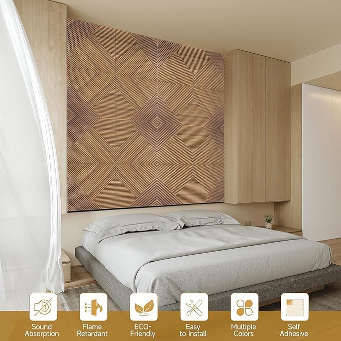 Acoustic Wall Panels,6 Pack Total Size 72 x 48 Inches,Self-Adhesive Decorative Acoustic Panels for Wall and Ceiling,3D UV Printing with Wood Look,Beech