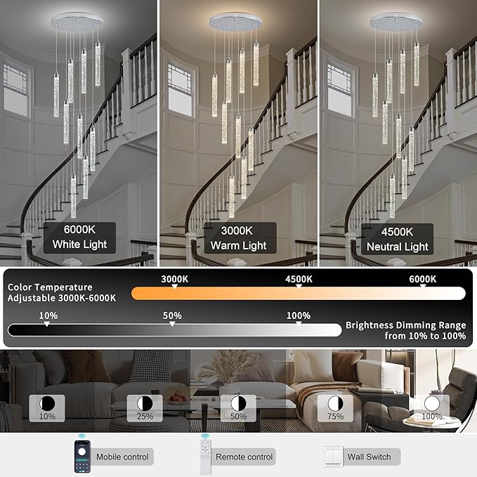 9-Lights High Ceiling Crystal Staircase Chandelier Silver, Modern Spiral Raindrop Dimmable LED Bubble Cluster Ceiling Hanging Lighting Fixture for Foyer Living Room Entrance Remote Control