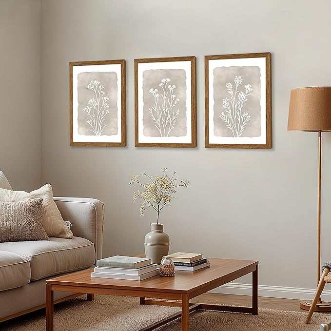 JLTULT 3 Piece Boho Beige Floral Wall Art, Minimalist Line Botanical Flower Wall Decor, Vintage Rustic Wildflower Art Prints for Living Room Bedroom Office Farmhouse decoration 12x16 in Ready to Hang