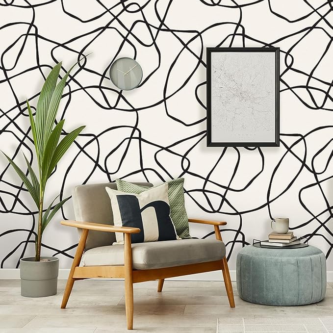 Abstract Minimalistic Peel and Stick Wallpaper | Removable Self Adhesive Geometric Mural | Natural Boho Lines (Sample 24" W x 12" H)