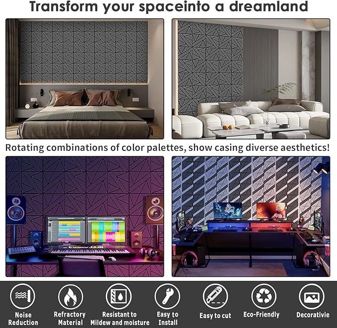 8 Pack Self-Adhesive Soundproof Wall Panels, 12 x 12 x 0.47 in Sound Proof Foam Panels for Walls, 1.2lb/ft³ High Density, Thicker 0.47in, Acoustic Panel, Peel and Stick Wall Panel Studio Black