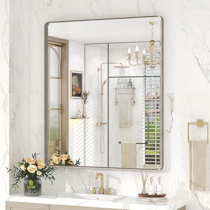 30x36 Inch Brushed Nickel Bathroom Mirror, Brushed Silver Metal Framed Wall Mirror, Rounded Corner Rectangle Modern Vanity Mirror, Tempered Glass, Anti-Rust, Shatterproof (Horizontal/Vertical)