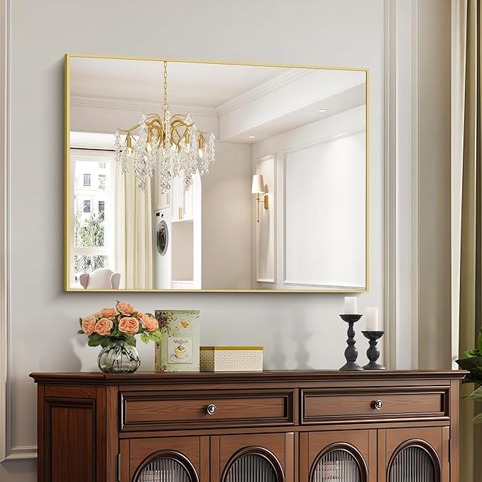 30x40In Gold Bathroom Mirror for Wall, Brushed Gold Rectangle Mirrors with Metal Frame, Bathroom Rectangular Mirror Modern Wall Mirror for Bedroom Living Room, Hangs Horizontal or Vertical