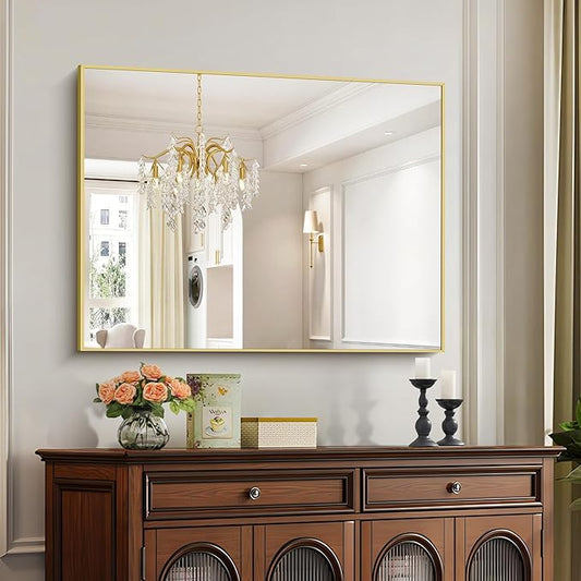30x40In Gold Bathroom Mirror for Wall, Brushed Gold Rectangle Mirrors with Metal Frame, Bathroom Rectangular Mirror Modern Wall Mirror for Bedroom Living Room, Hangs Horizontal or Vertical
