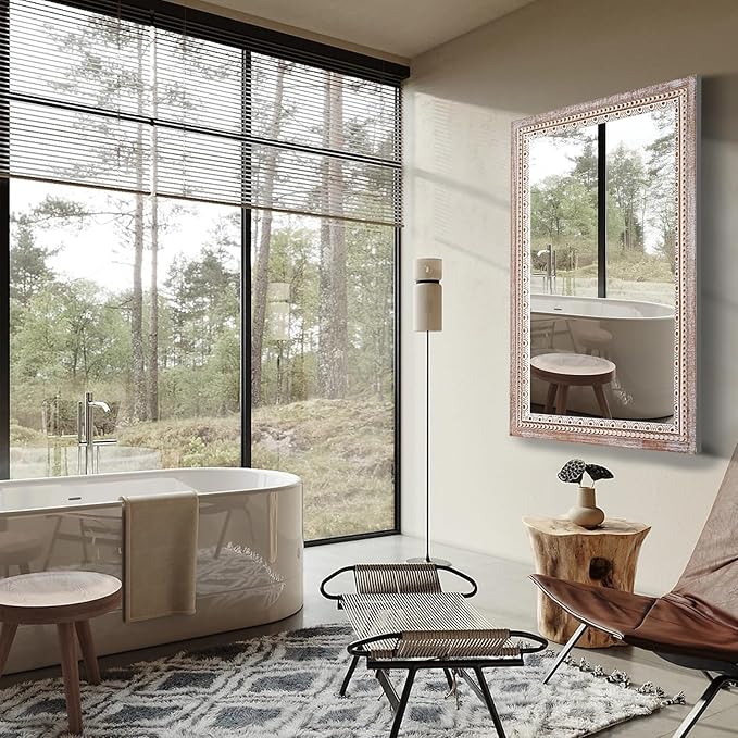 36x24 Inch Wooden Rectangle Bathroom Mirror with Beaded Frame, Rustic Farmhouse Decorative Wall Mirrors for Over Sink, Living Room, Entryway (Horizontal/Vertical Mounting)