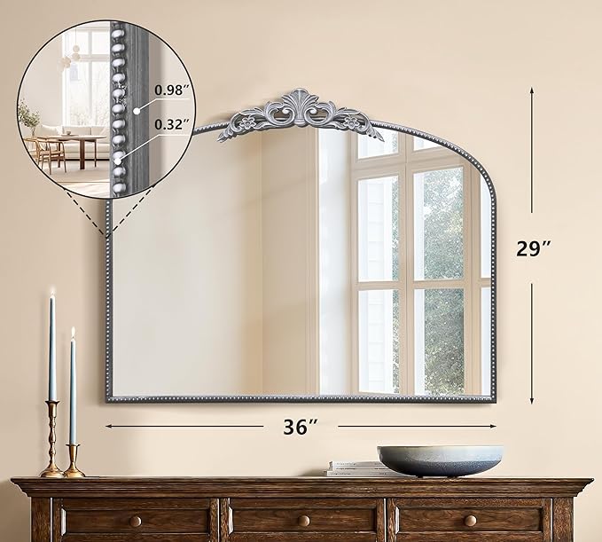 Micasso Vintage Baroque Silver Mirror: 29" x 36" French Vintage Mirror - Traditional Ornate Decorative Arched Mirrors for Wall/Bathroom/Entryway/Fireplace/Hallway - Home Decor for Living Room