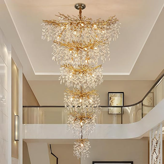 Modern Long Staircase K9 Chandeliers, Luxury Gold 6-Tier Large Foyer Entrance Chandeliers for High Ceiling Big Crystal Chandelier(Height 75 Inch 43 Lights)
