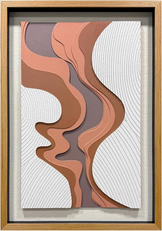 BrightA 5-Layer Wood ReliefWooden Wall Art Fluid Curves in Warm Brown & Ash Grey with Linear Grain Background, Framed in Solid Wood & Tempered Glass for Contemporary Walls 27.5"x39.4"