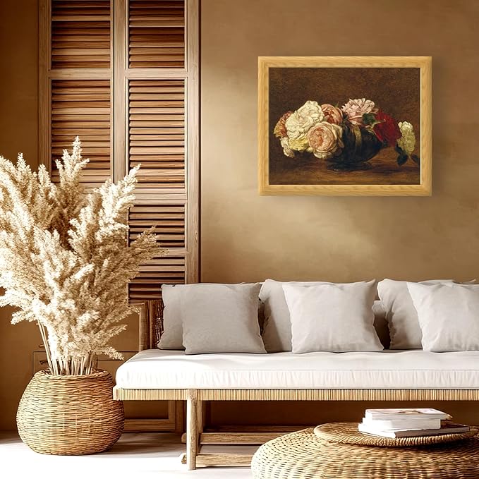 Brivoria Framed Canvas Wall Art Vintage Decor, Antique Floral Still Life Artwork with Roses and Rustic Autumn Tones for Living Room Bedroom Dining Room Fireplace or Gallery Wall Display, 16"x20"