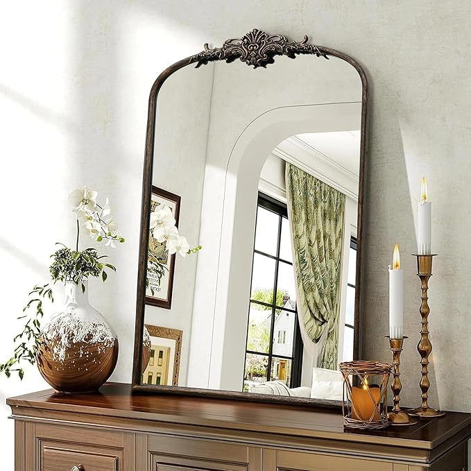 Antique Baroque Arched Mirror: 24"x36" Arch Black Vintage Wall Mounted Mirror - Traditional Ornate Home Decor for Entryway/Fireplace/Bathroom - Idea for Young Couples