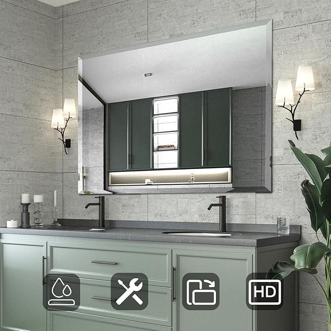 Mirrorons Beveled Mirror, Bathroom Mirrors 48" x 30", Frameless Rectangle Bathroom Mirror with Beveled Edge, Hangs Horizontally or Vertically. Upgraded Shatterproof Mirror