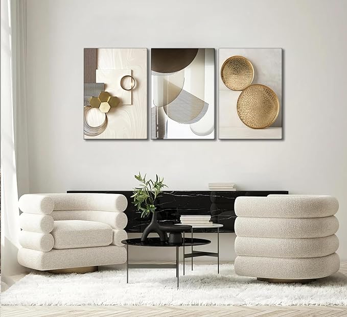 3 Pcs Abstract Gold Geometric Boho Canvas Wall Art Mid Century Modern Minimalist Aesthetic Luxury Metal Artwork Pictures Wall Decor Posters Prints for Living room Bedroom Office Home Decoration
