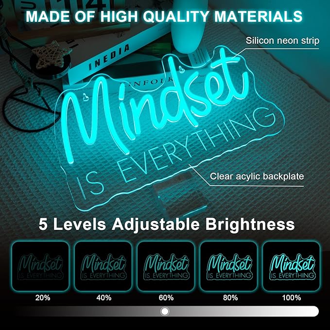 Lucunstar Mindset is Everything Neon Sign Blue Dimmable LED Inspirational Light Up Signs for Wall Decor USB Powered Neon Light for Home Room Office Gym School Classroom