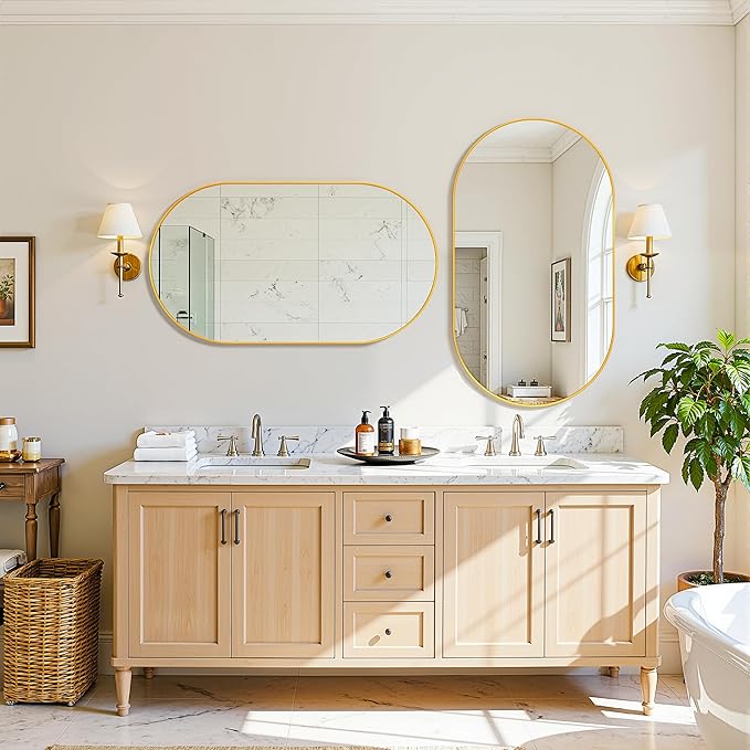 Antok Wall Mirror, 20"x36" Bathroom Vanity Mirror, Anti-Rust HD Tempered Glass, Wall Mounted Mirrors for Living Room, Entryway, Hallway, Gold Frame, Oval