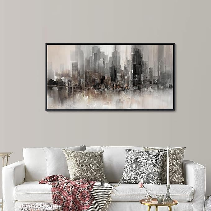 Cityscape Wall Art New York City Skyline Buildings Picture Modern Abstract Grey NYC Skyline Birds Painting Framed Artwork for Bedroom Living Room Bathroom Home Office Decor 20×40IN