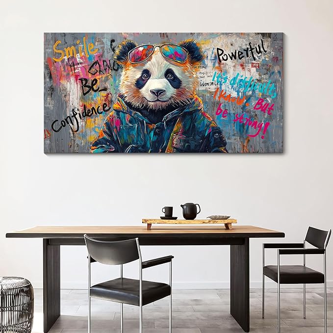 JEAWA Large Canvas Wall Art, Funny Panda Abstract Graffiti Street Art Pop Wall Picture Black and White Paintings Ready to Hang Living Room Bedroom Study Home Office Inspirational Decor 29x58 IN