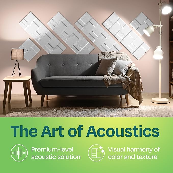 Acoustic Panels 12-Pack Soundproof Wall Panels 12"x12"x0.4" Decorative Sound Dampening for Your Home, Office, Studio, Bedroom & More with Unique GridFrame Carving [White]