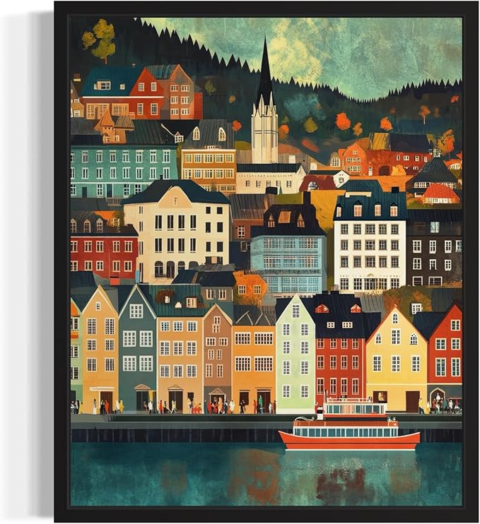 Bergen Norway Wall Art Poster Print, Vintage Retro Landscape Scenery Painting Artwork Travel Prints Decor Cityscape Landmarks Gallery 27 (Bergen Norway, 18 x 24 inches, Black Frame)