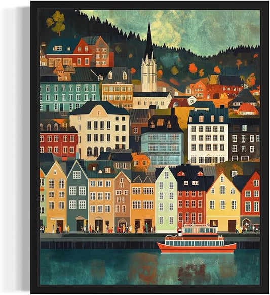 Bergen Norway Wall Art Poster Print, Vintage Retro Landscape Scenery Painting Artwork Travel Prints Decor Cityscape Landmarks Gallery 27 (Bergen Norway, 16 x 20 inches, Unframed)