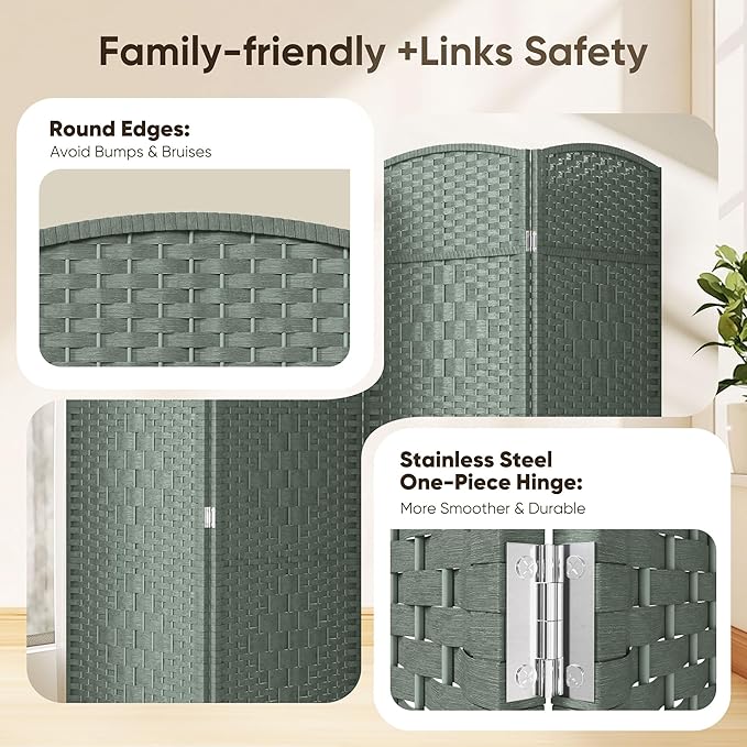 JOSTYLE Folding Privacy Room Divider, 4 Panel Screen Divider 6 ft. Tall Freestanding Extra Wide Rattan Room Partition Wall Separation Dividers, Grey