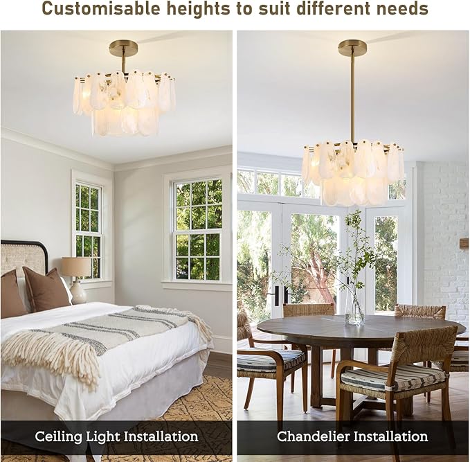 Modern Gold Chandeliers, 17.7" Luxury Cloud Glass Light Fixture, 2-Layer Round Ceiling Hanging Light Fixture for Bedroom Dining Room Kitchen Island Living Room Entryway Bar Farmhouse 6-Light