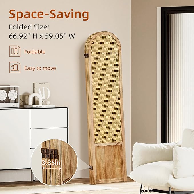 4 Panel Room Dividers and Folding Privacy Screens, Hand-Made Rattan Room Divider with Bi-Directional Hinge, Pre-Assembled Wood Room Divider Wall for Home Office Bedroom, Light Brown