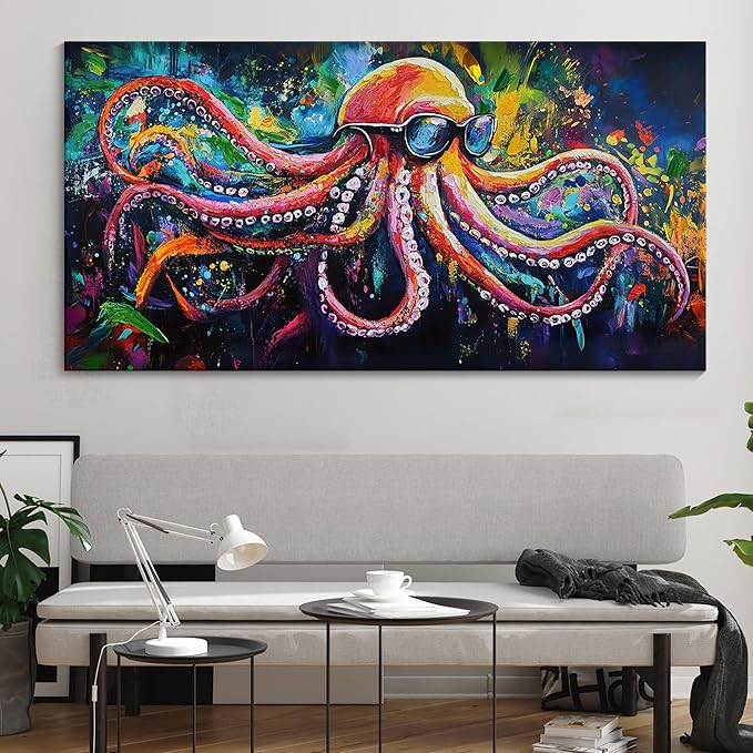 JEAWA Abstract Graffiti Wall Art, Large Size Funny Octopus Street Cool Pop Hand Drawn Texture Canvas Paintings for Living Room Bedroom Men Teenage Boy Game Room Picture Wall Decor 29x58 IN