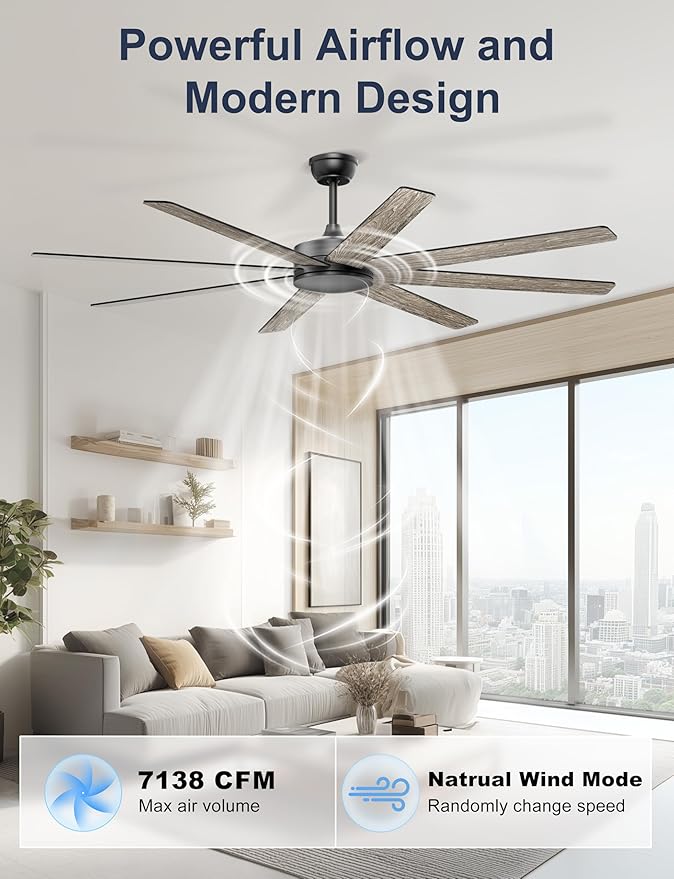 72'' Large Ceiling Fans No Lights, Modern Black Ceiling Fan Remote/APP Control, Quiet DC Motor Big Ceiling Fan for Shop Garage Covered Outdoor Patios