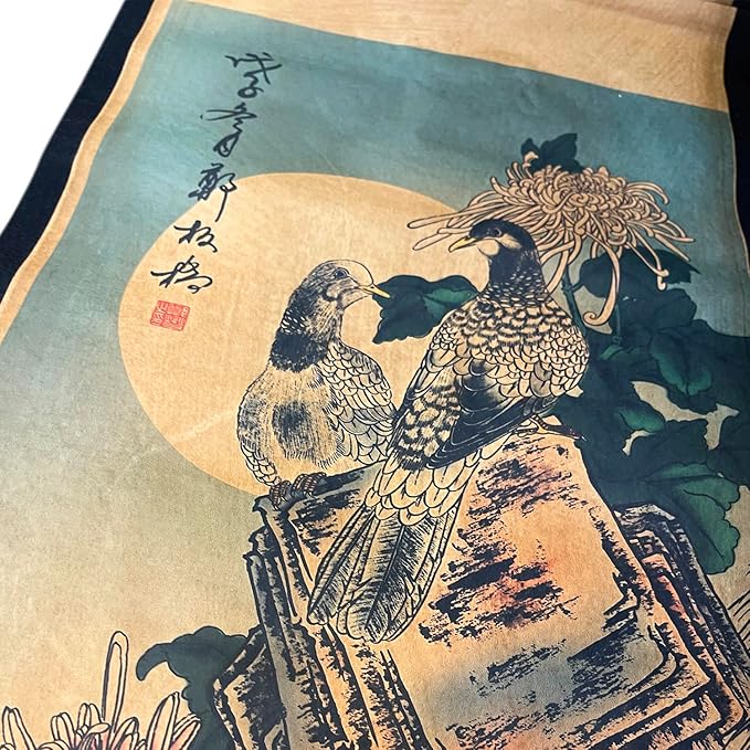 CIFIBIFUN Wall Asia Art Prints Posters Painting Eastern Bird Plants Flower Vintage Style,4 Panels Large Floral Home Walls Foldable Decor (Super Old Aging Paper, A Plants Birds)